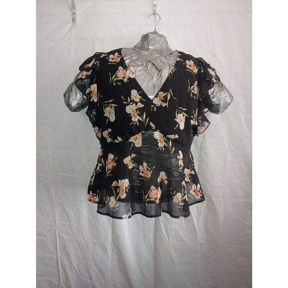 Forever 21 Women's PLUS Size 0X Black Floral Sheer Peplum Blouse - Picture 1 of 5